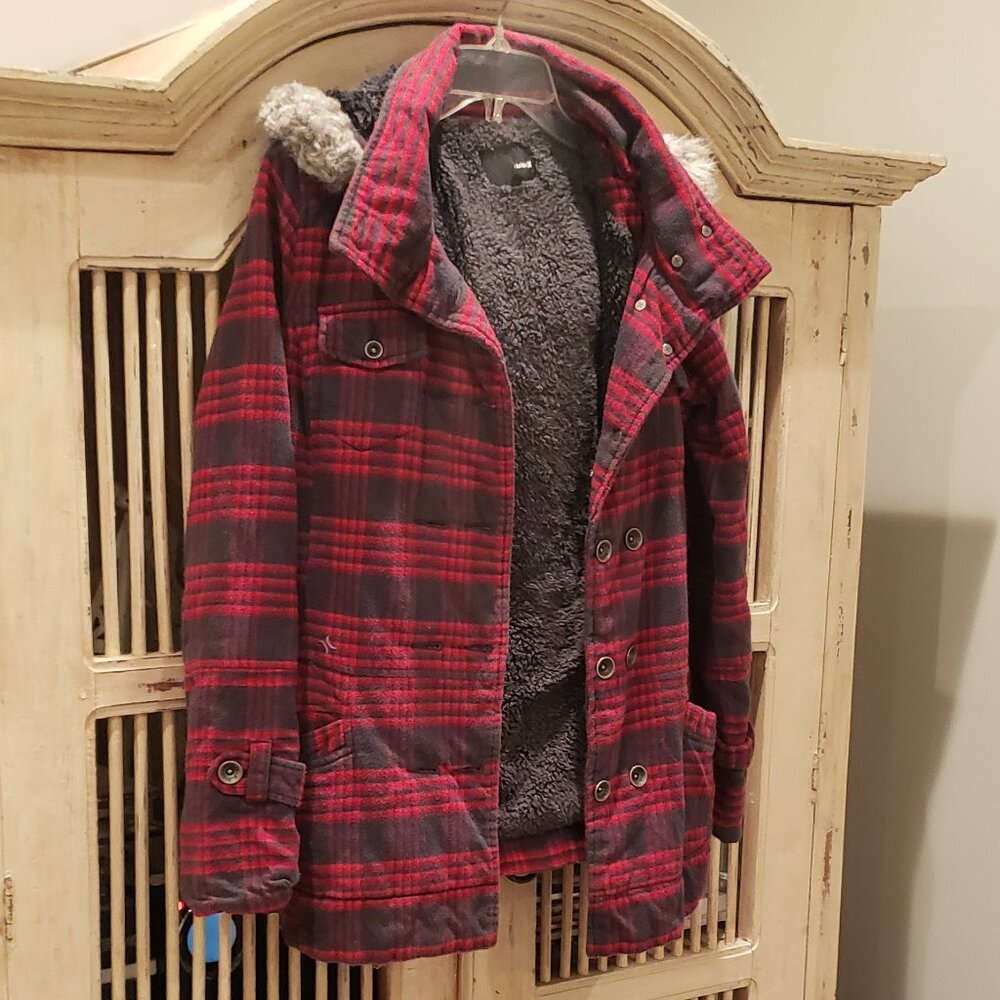 Hurley Womens Hooded Winter Flannel Coat with Sherpa Lining